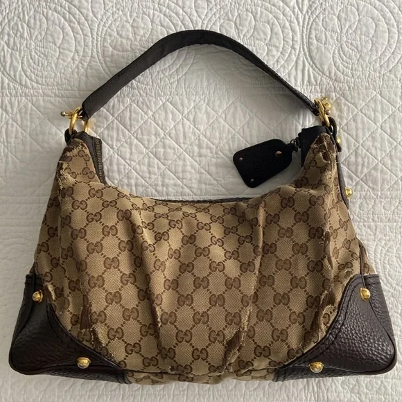 Gucci Jockey GG Monogram Canvas Brown Pebbled Leather Hobo Shoulder Bag - Picture 2 of 16